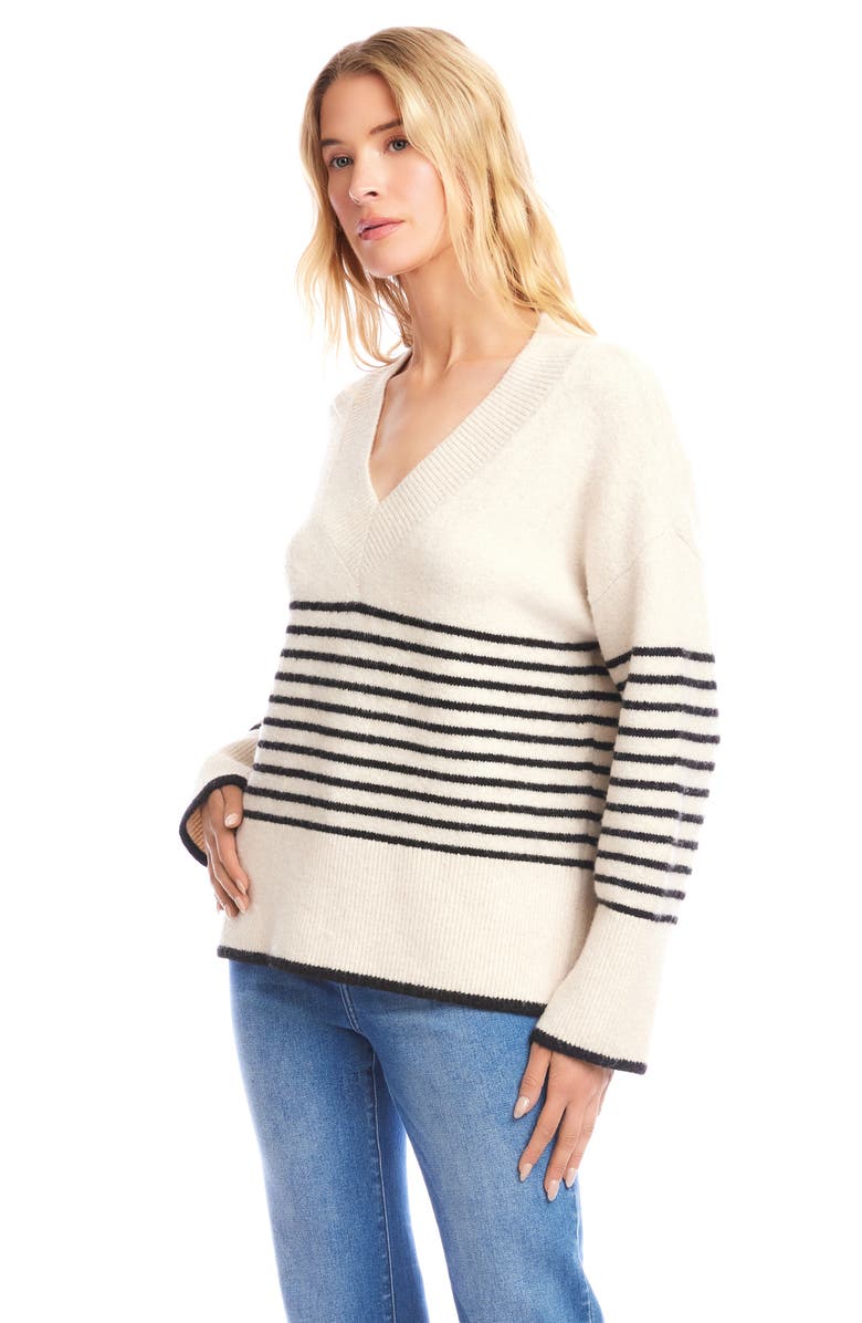 Karen Kane Stripe V-Neck Sweater, Alternate, color, Ecru/ Black
