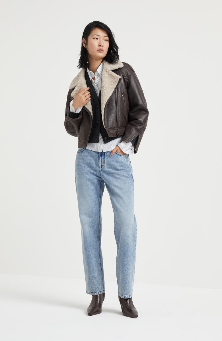 Brunello Cucinelli Cotton and silk chalk stripe poplin shirt with shiny collar detail, Alternate, color, 