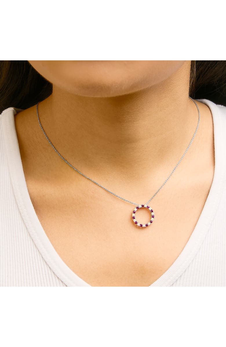 Haus of Brilliance .925 Sterling Silver Alternating Created Red Ruby and Opal Circle Pendant Necklace, Alternate, color, White