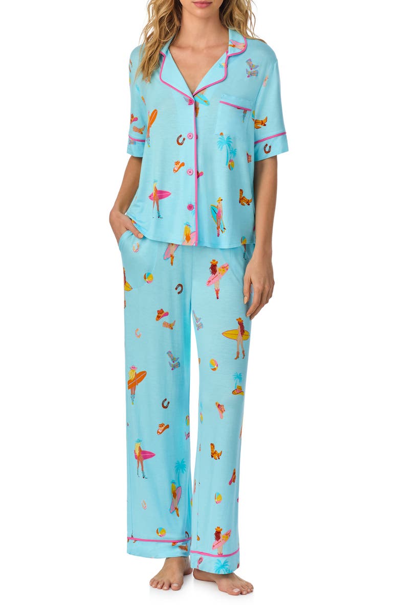 Room Service Pjs Print Long Pajamas, Main, color, Aqua Print