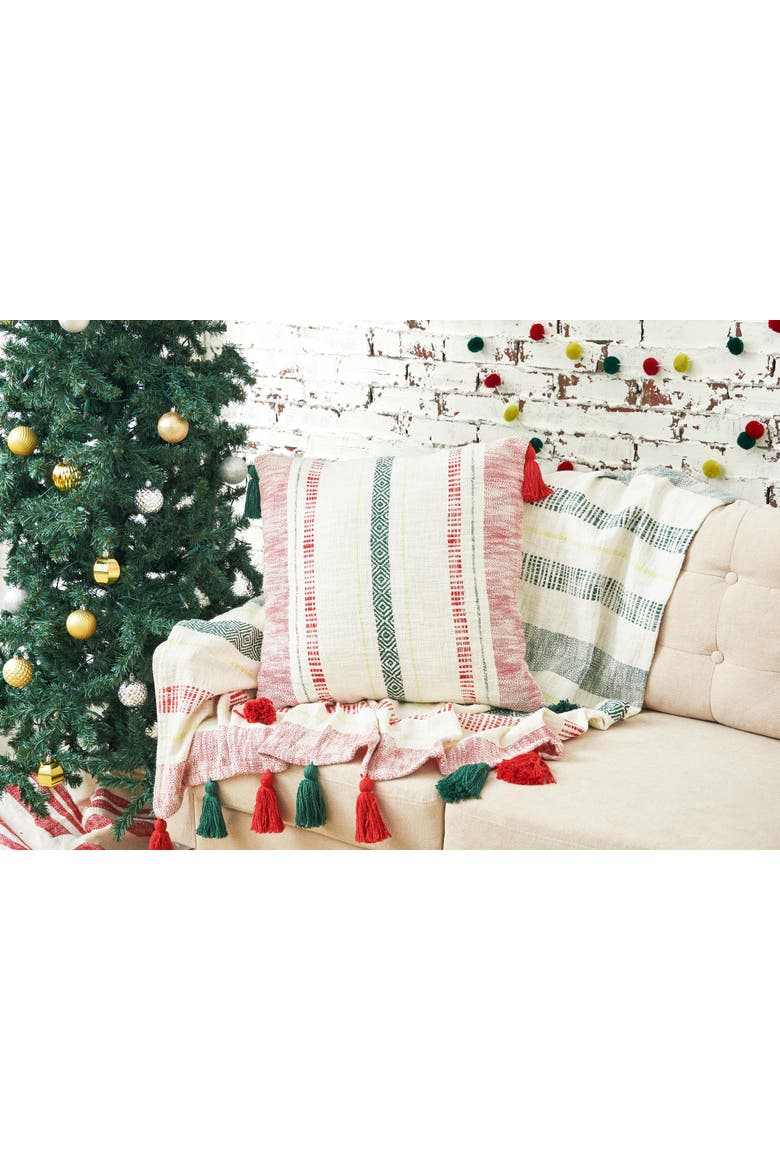 Barton Ruby Red and Green Woven Christmas Throw Pillow, Alternate, color, Red