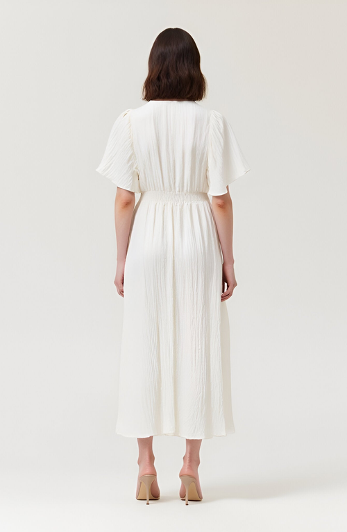 Modenaire V-neck Midi Dress With Flutter Sleeves And Handkerchief Hem In White