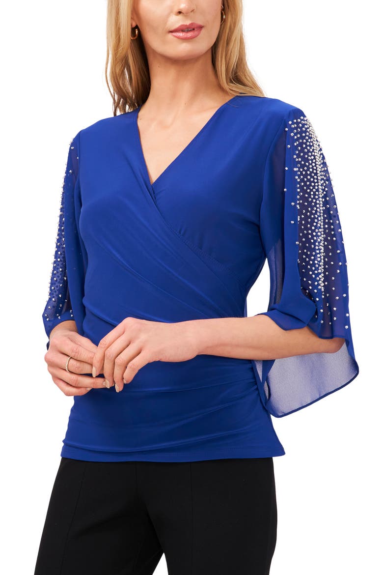Beaded Sleeve Surplice Knit Top, Main, color, GODDESS BLUE