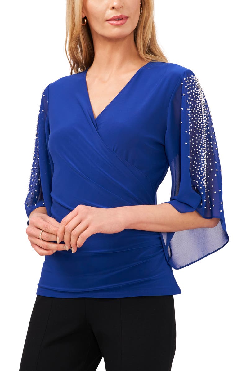 Chaus Beaded Sleeve Surplice Knit Top, Main, color, Goddess Blue