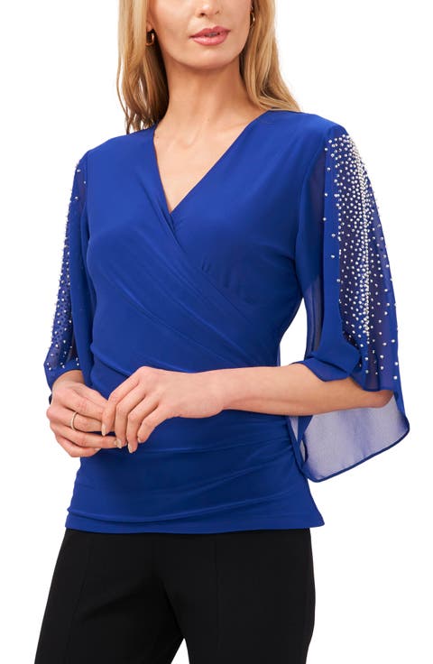 Beaded Sleeve Surplice Knit Top