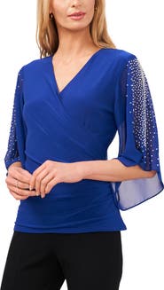 Chaus Beaded Sleeve Surplice Knit Top