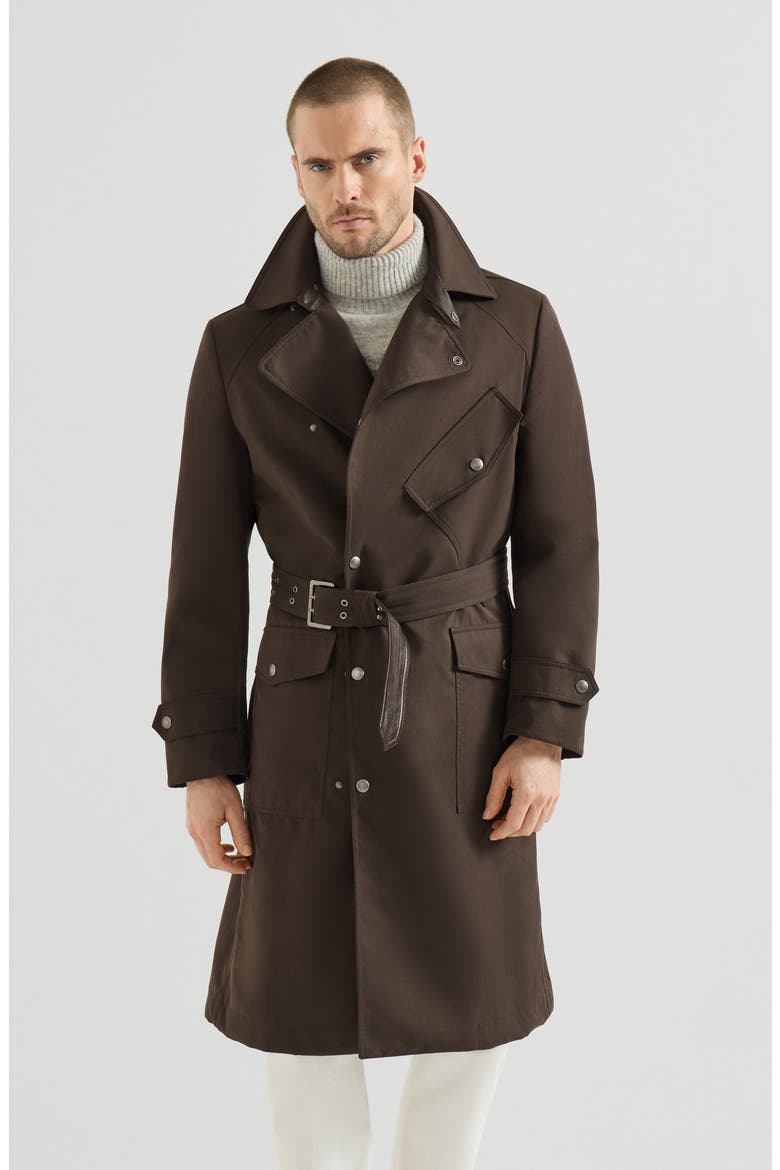 Water-resistant microfiber motorcyle trench with nappa leather inserts, Main, color, Brown