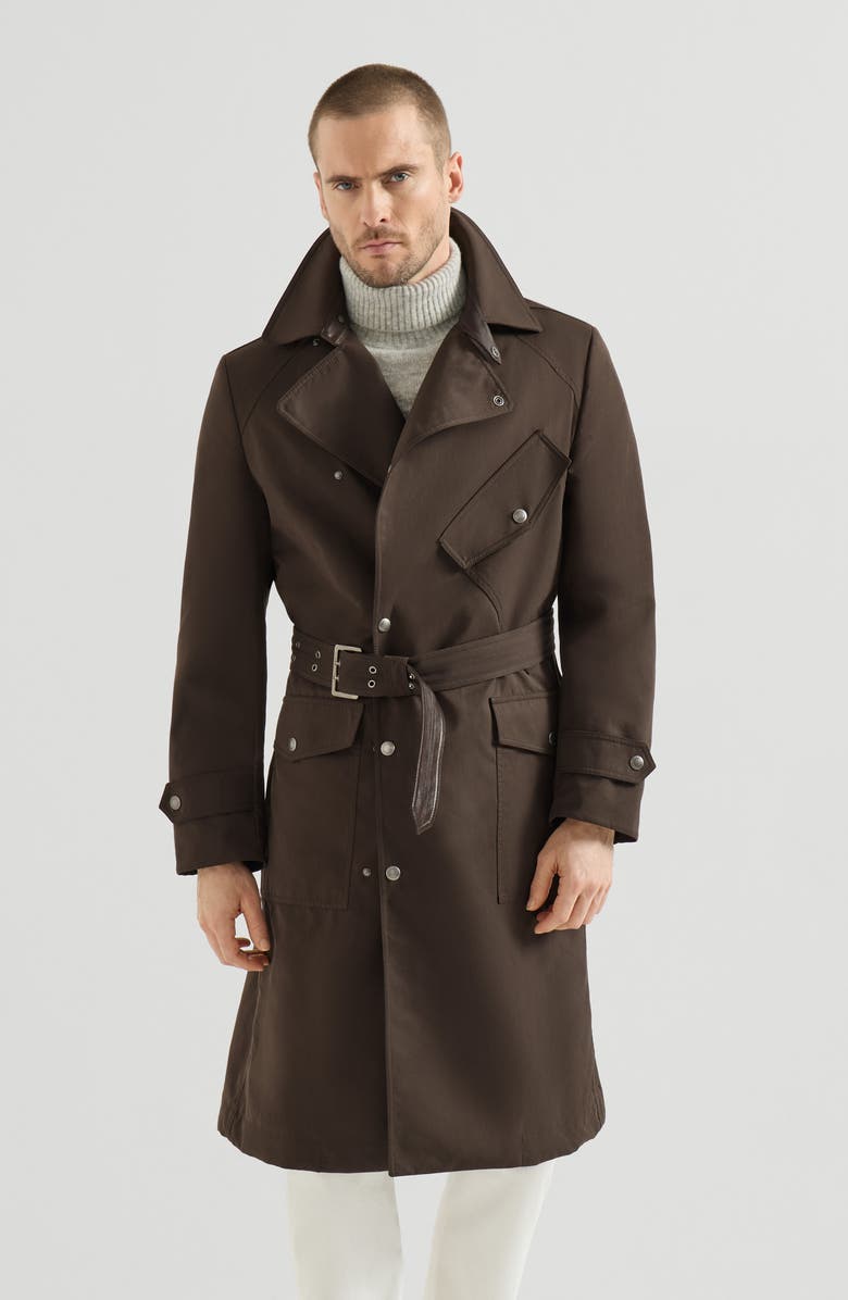 Brunello Cucinelli Water-resistant microfiber motorcyle trench with nappa leather inserts, Main, color, Brown