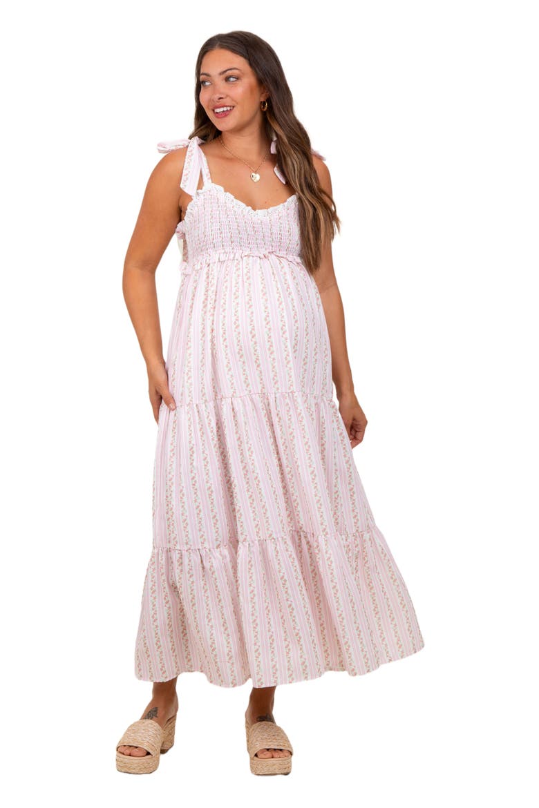 Floral Striped Smocked Shoulder Tie Maxi Dress, Alternate, color, Pink
