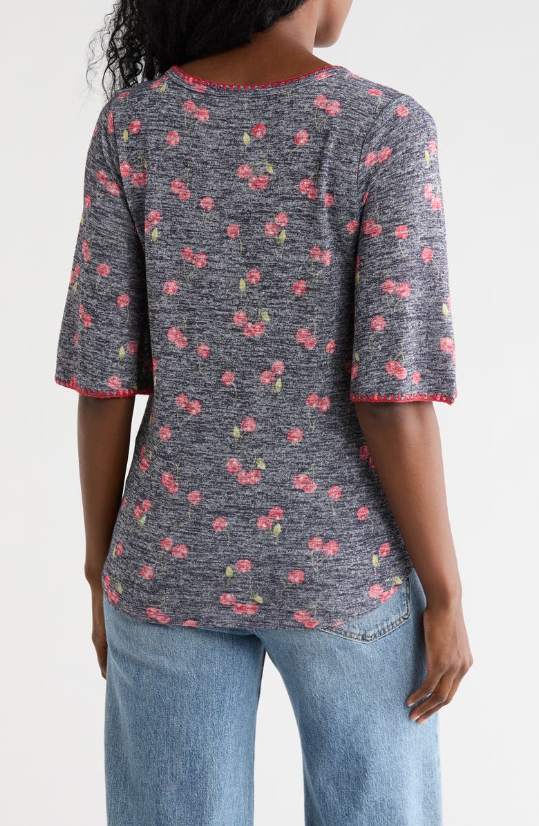 Bobeau Whipstitch Trim Print Knit Top, Alternate, color, Navy/Red Cherries