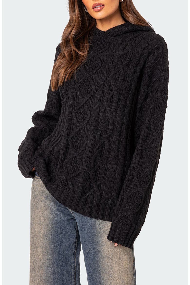 Oversize Cable Knit Hoodie, Main, color, BLACK