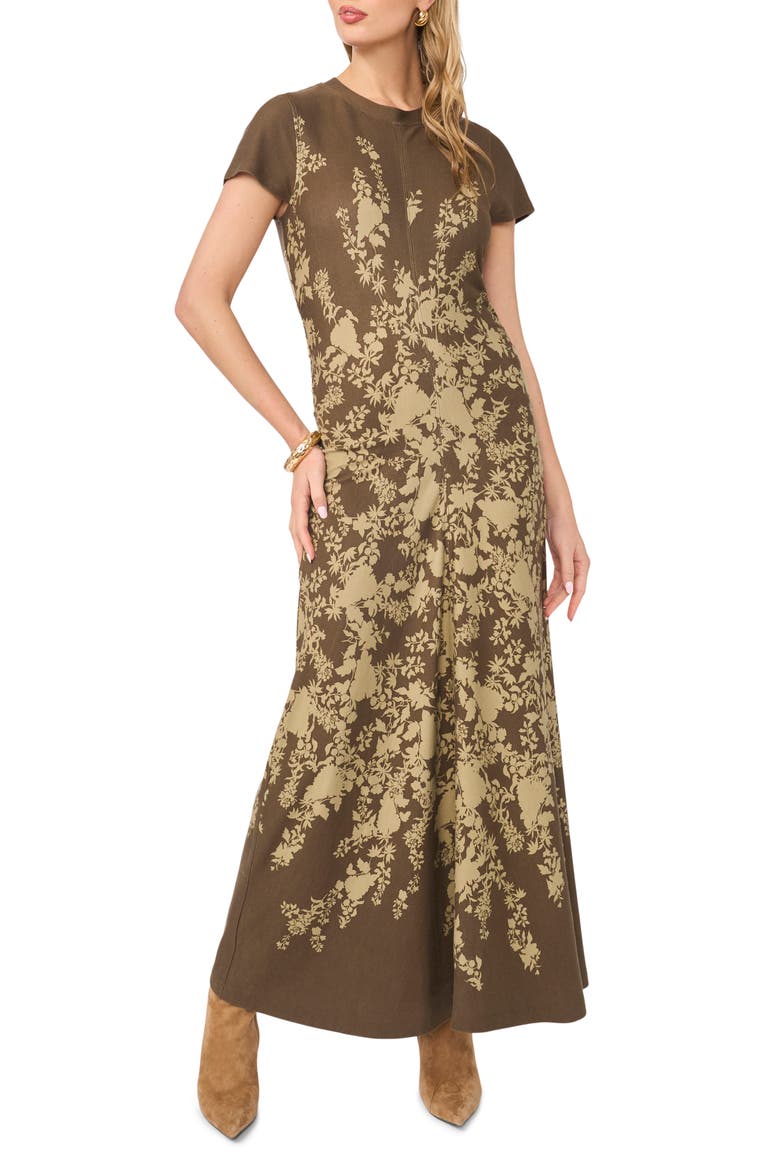 Print Cap Sleeve Ruched Jersey Maxi Dress, Main, color, DARK EARTH