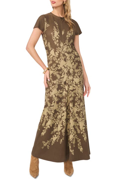 Print Cap Sleeve Ruched Jersey Maxi Dress