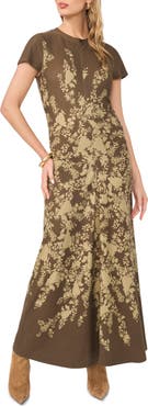 Vince Camuto Print Cap Sleeve Ruched Jersey Maxi Dress