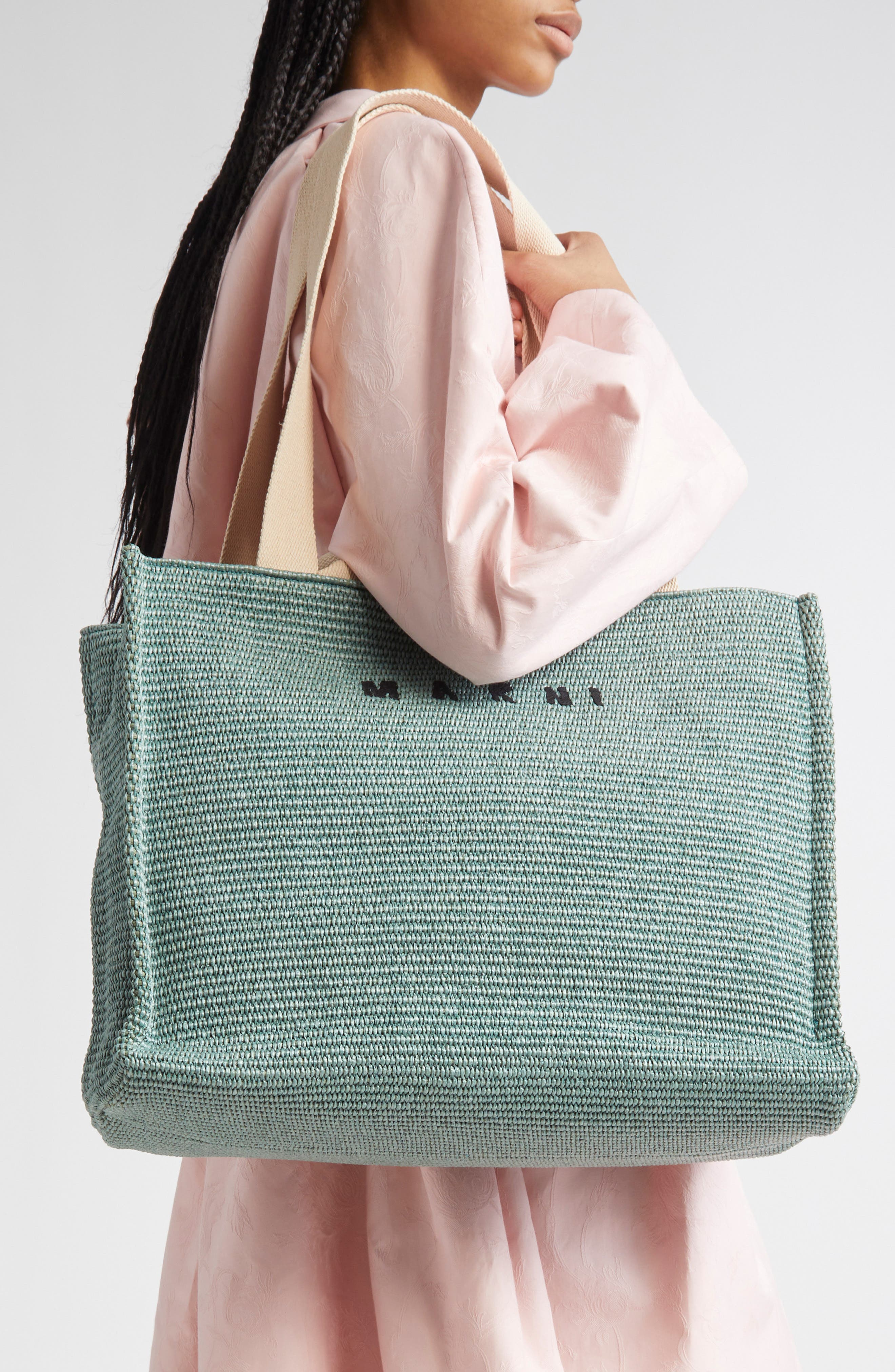 Marni Small Woven Tote Bag, Alternate, color, Sea/ Green