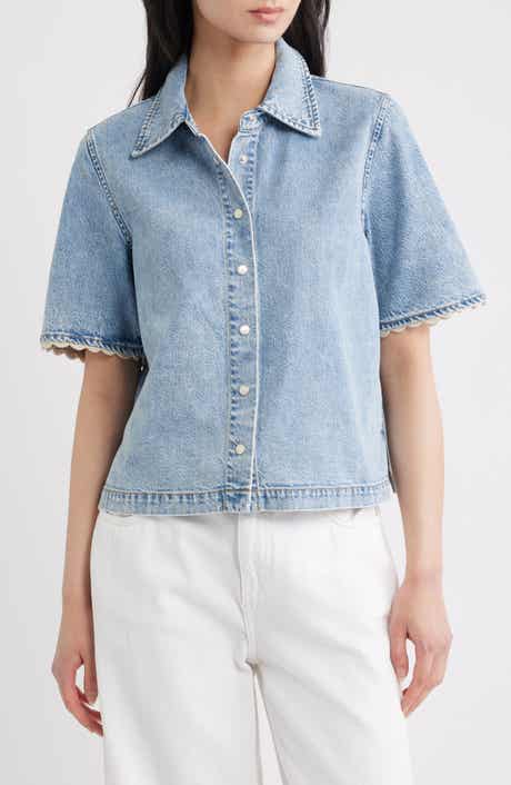 Denim Crochet Trim Button-Up Top