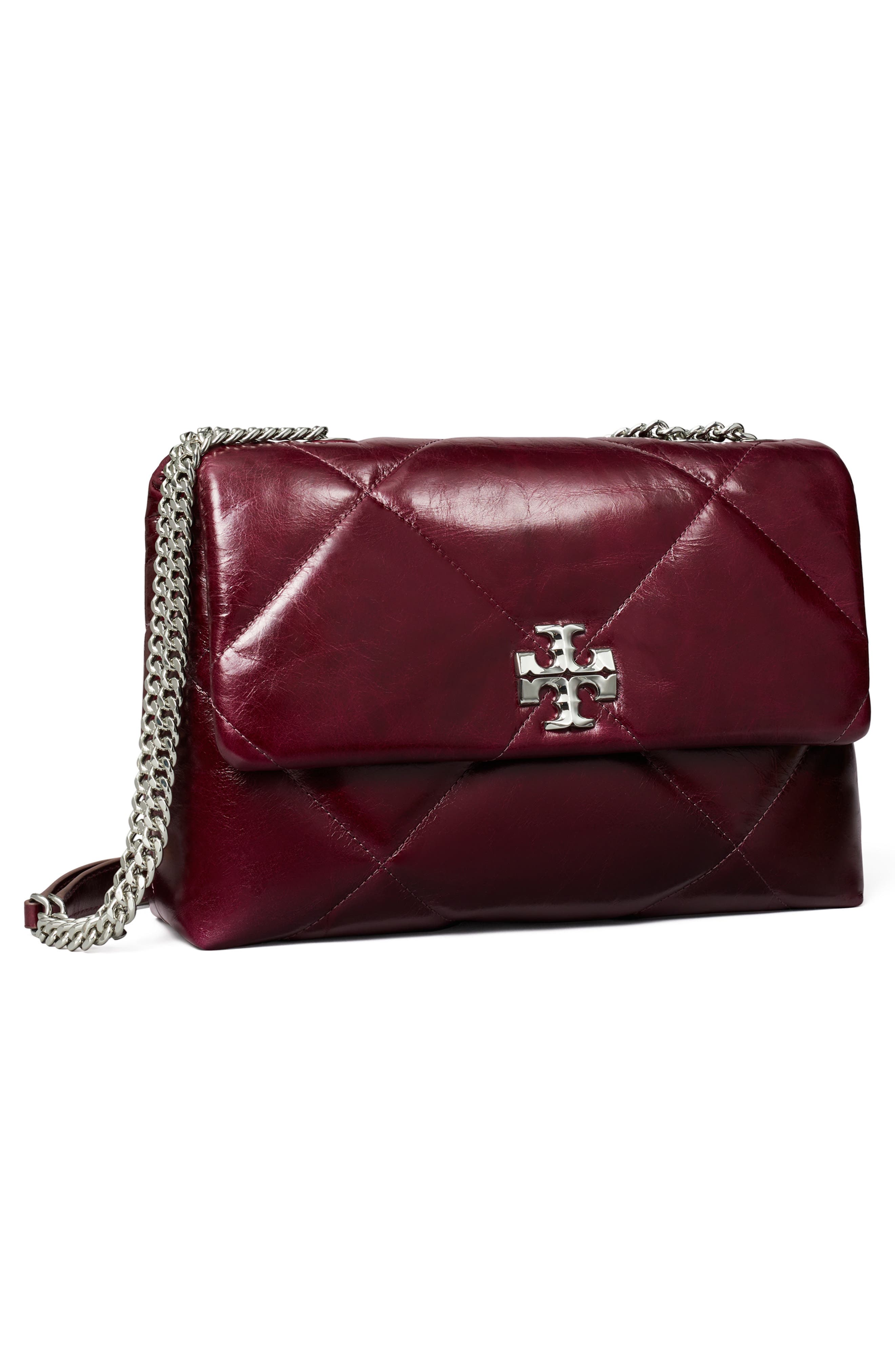 Tory Burch Kira Diamond Quilted Distressed Leather Convertible Crossbody Bag, Alternate, color, Dark Carmine