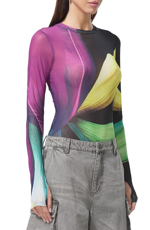 Afrm Kaylee Print Sheer Mesh Top In Black Lotus