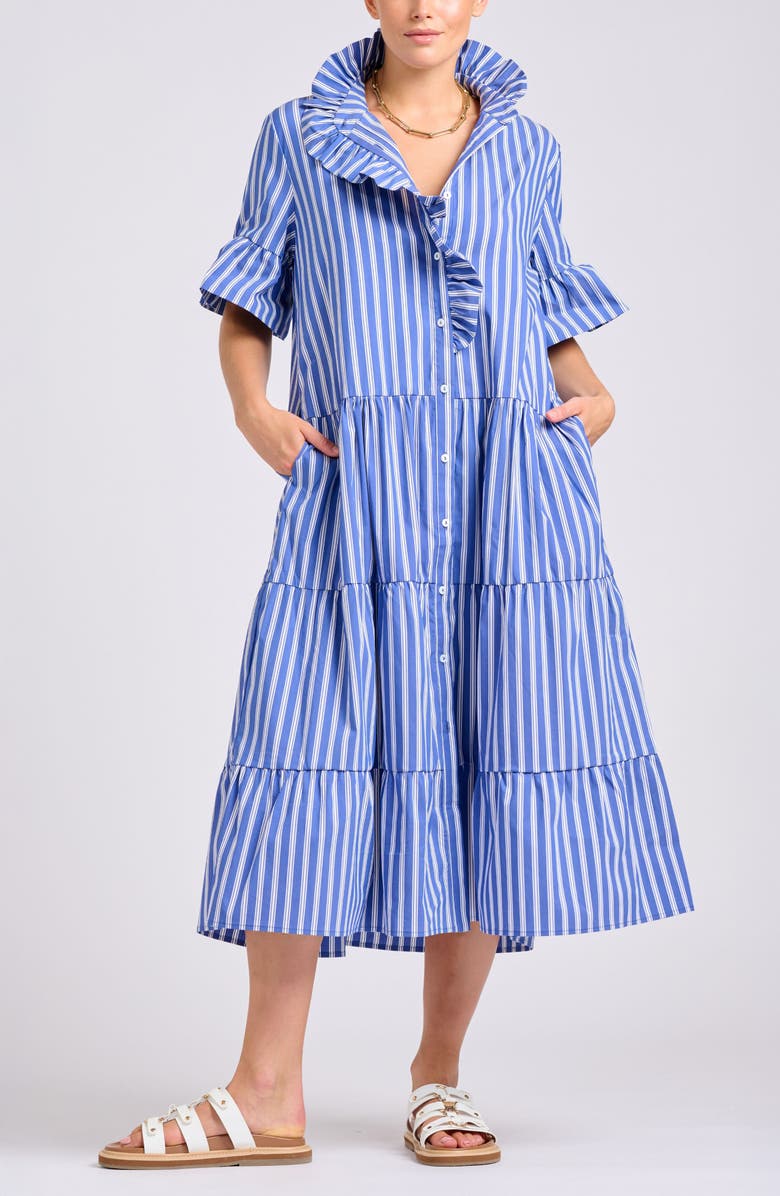 SHIRTY Stripe Ruffle Midi Shirtdress, Main, color, Azure W/ Whiite Ticking