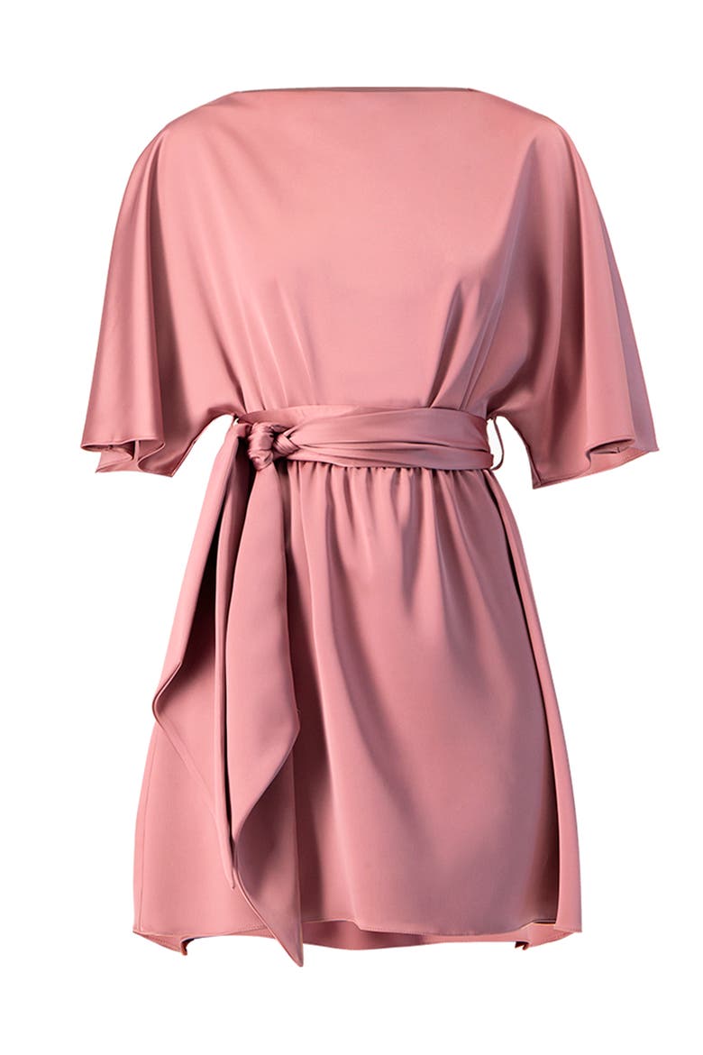 Short Satin Dress with Waist Tie, Alternate, color, Dark Pink