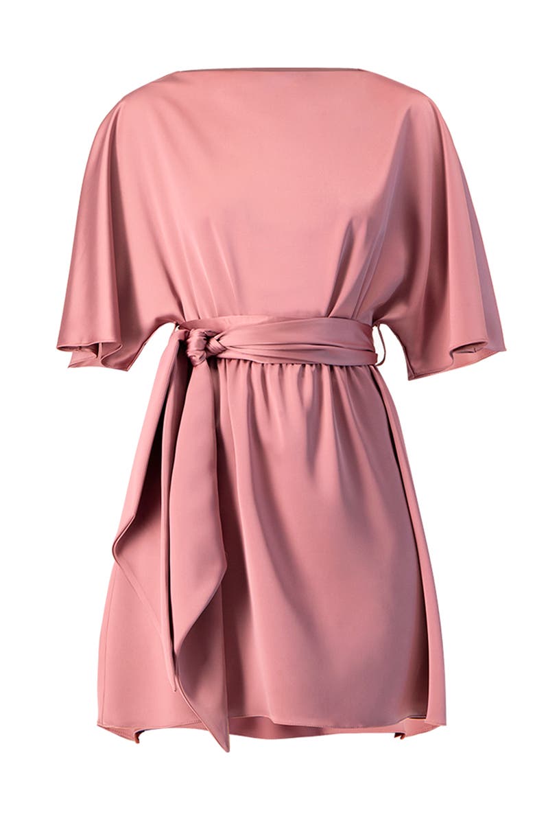 IVONNE Short Satin Dress with Waist Tie, Alternate, color, Dark Pink
