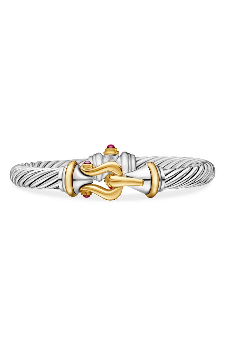 David Yurman Buckle Classic Cable Bracelet in Sterling Silver with 18K Yellow Gold and Rhodolite Garnets, Main, color, 
