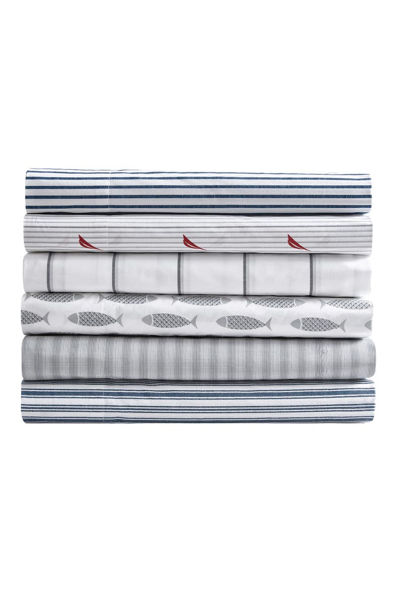 Woodblock Fish Cotton Percale Sheet Set, Alternate, color, GREY