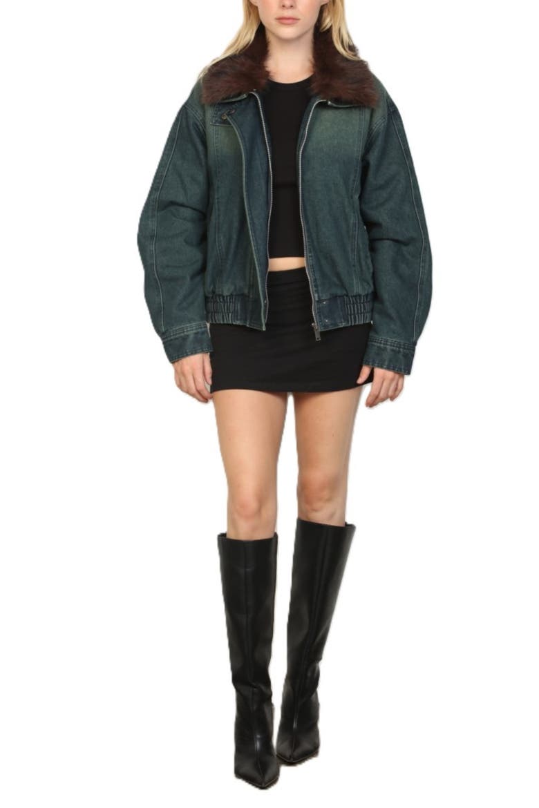 Faux Fur Collar Denim Bomber Jacket, Alternate, color, BLUE TINT