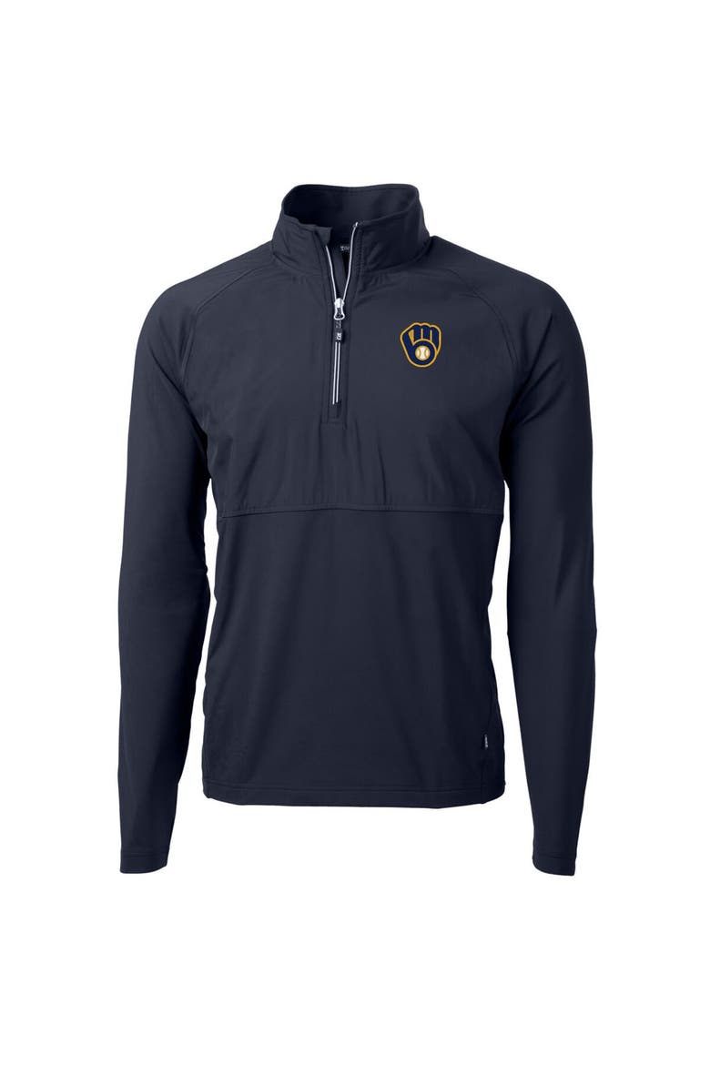 Men's Cutter & Buck Navy Milwaukee Brewers Adapt Eco Knit Hybrid Recycled Quarter-Zip Pullover Jacket, Main, color, Navy