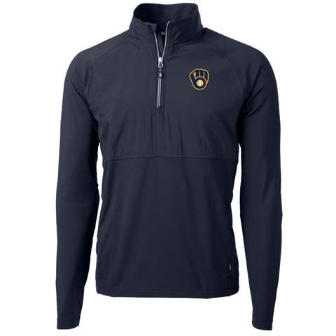 Men's Cutter & Buck Navy Milwaukee Brewers Adapt Eco Knit Hybrid Recycled Quarter-Zip Pullover Jacket