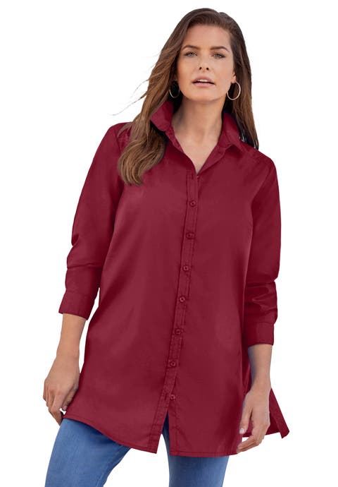 Kate Long-Sleeve Crisp Cotton-Blend Button-Front Tunic (Plus)