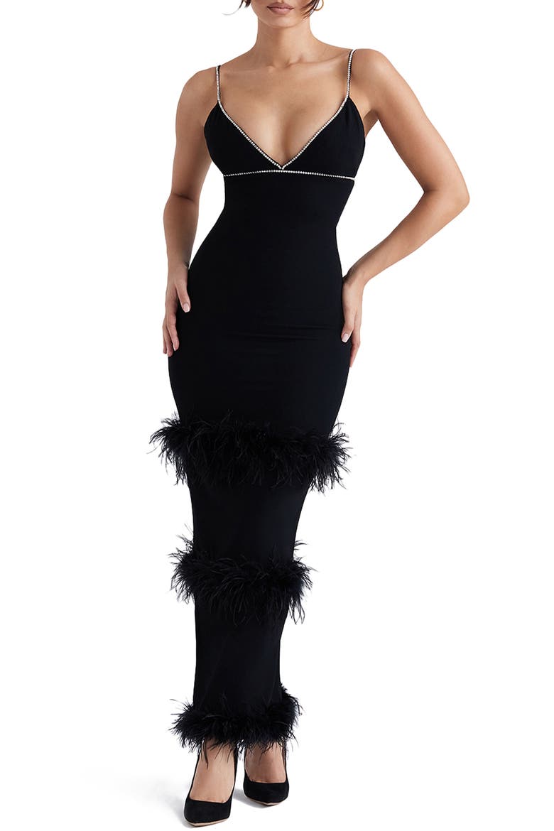 Maricel Feather Trim Cocktail Dress, Main, color, BLACK