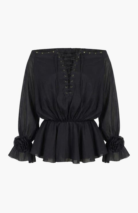 Elegant Lace-Up Peplum Blouse with Long Sleeves