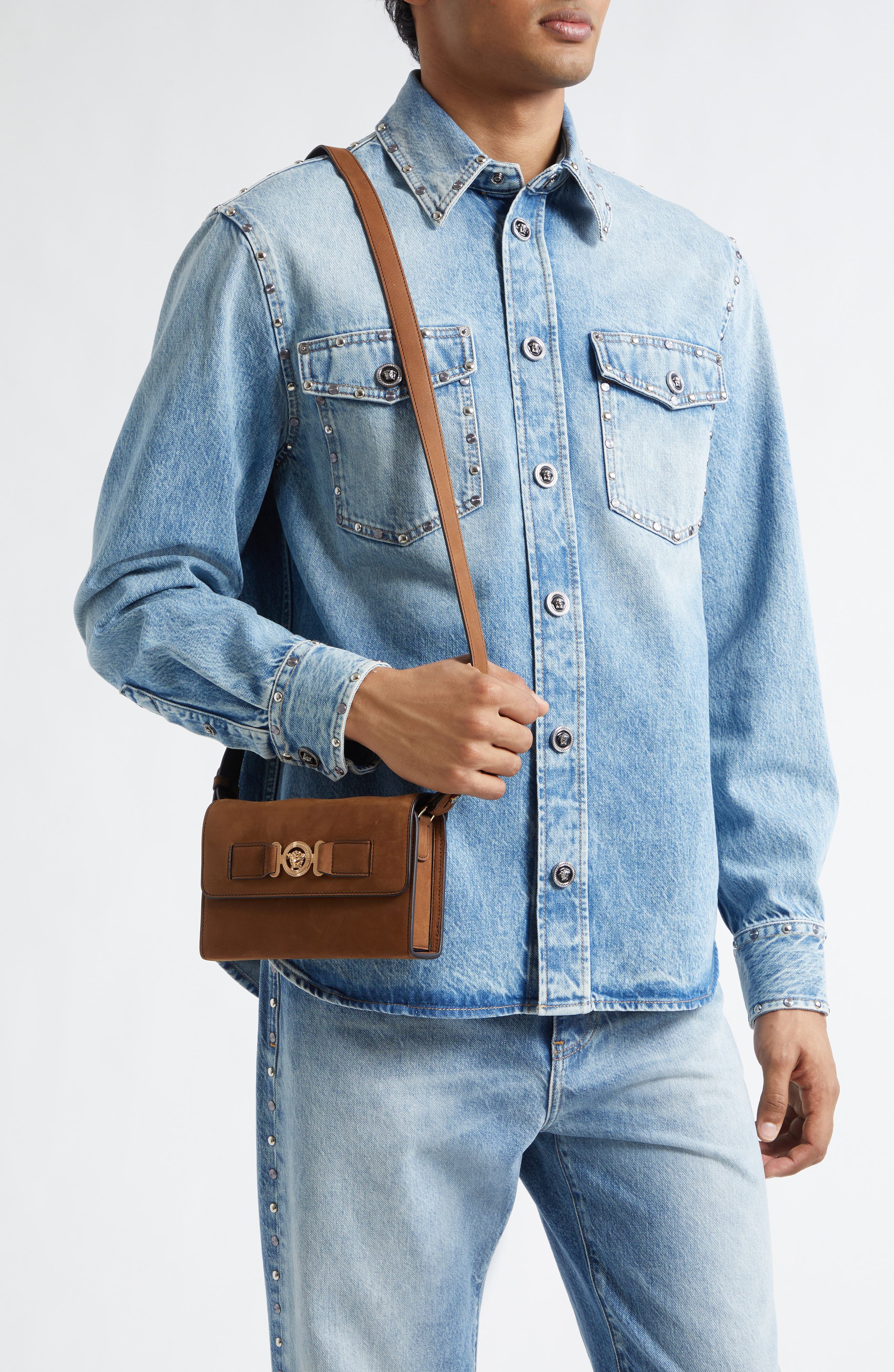 Versace Medusa Leather Crossbody Bag, Alternate, color, Light Brown-Versace Gold