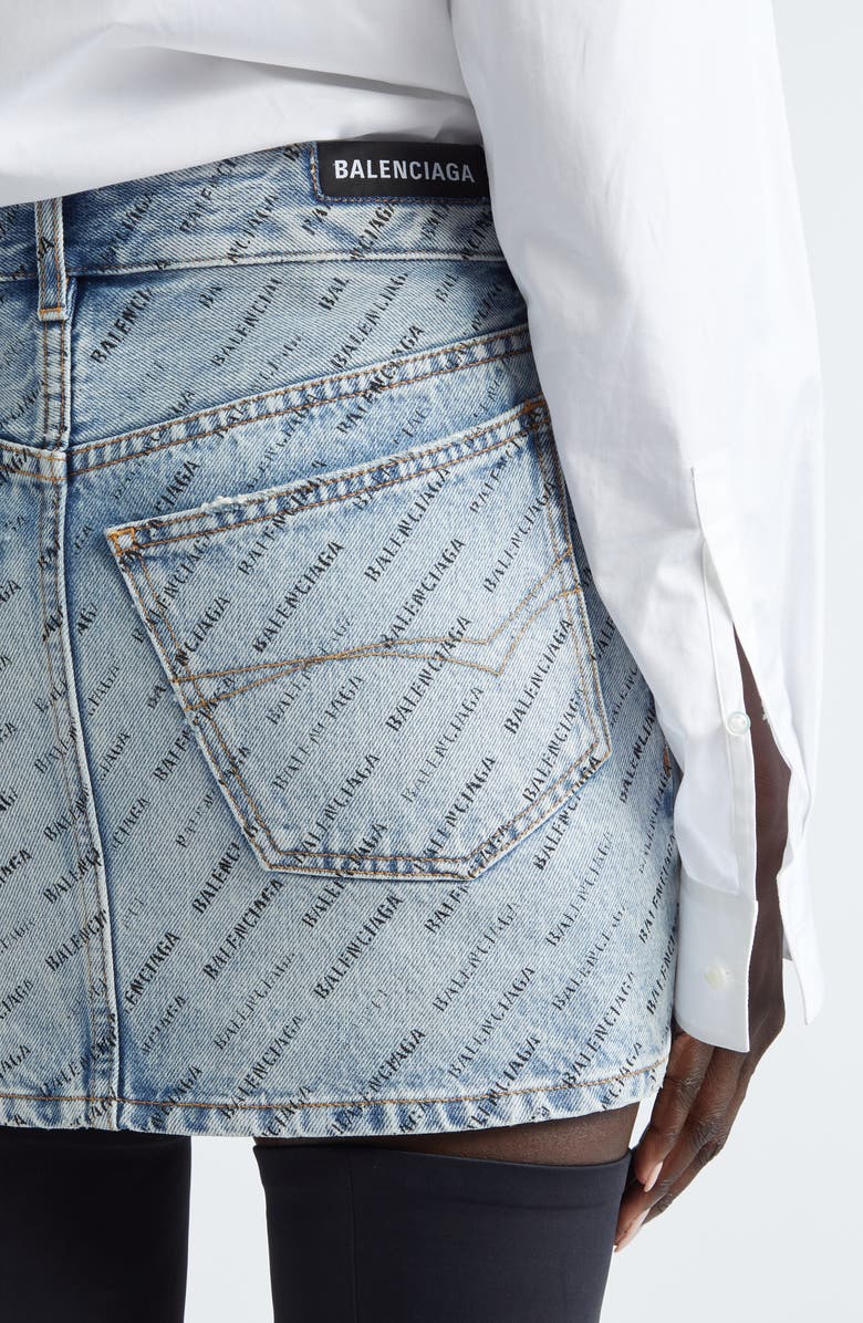 Balenciaga Logo Print Low Rise Denim Miniskirt, Alternate, color, Iced Blue