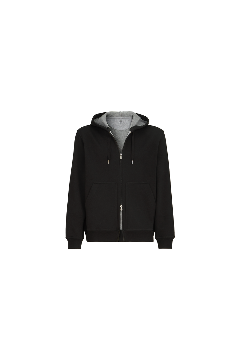 Cotton, cashmere and silk French terry double cloth hooded sweatshirt with zipper, Alternate, color, Black