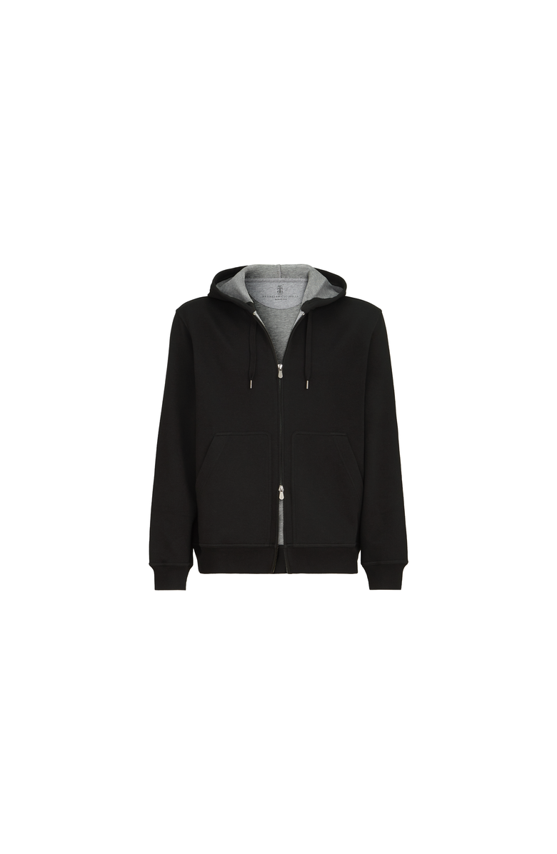 Brunello Cucinelli Cotton, cashmere and silk French terry double cloth hooded sweatshirt with zipper, Alternate, color, Black