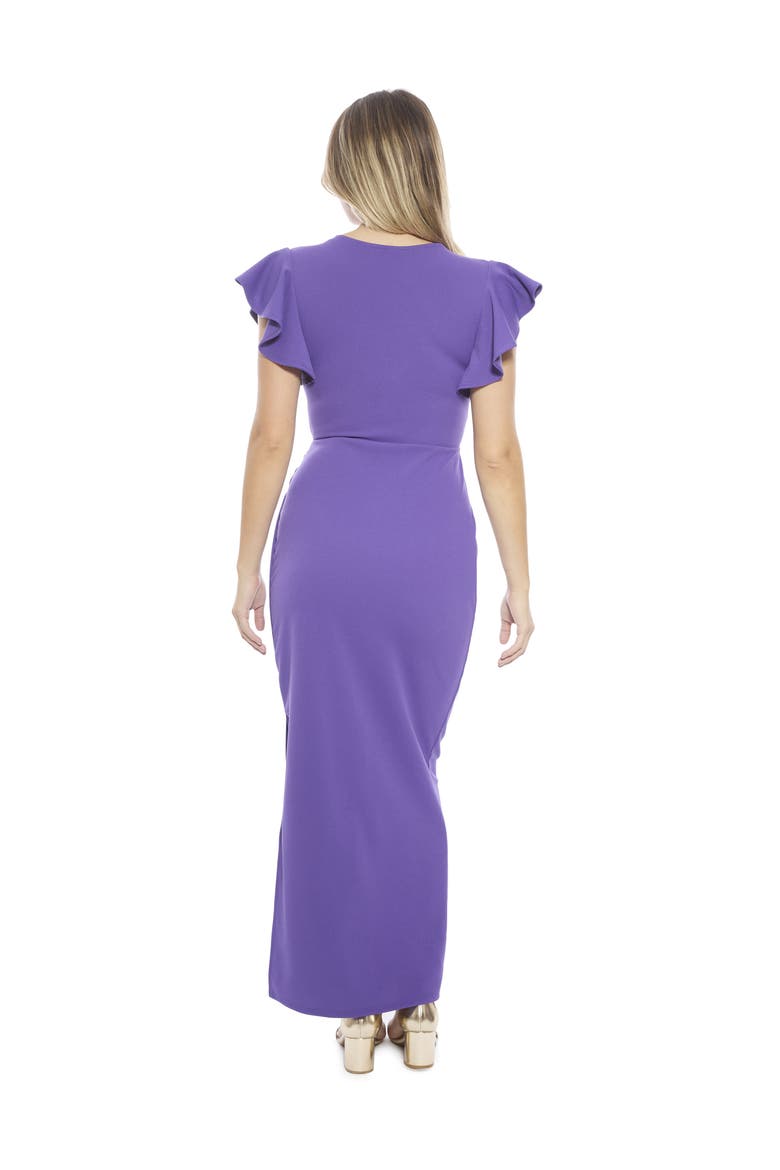 Womens V-Neck Tulip Hem Ruffle Sleeve Faux Wrap Maxi Dress, Alternate, color, Purple