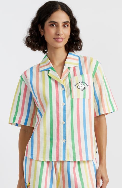 Linen-Cotton Snoopy Stripe Shirt