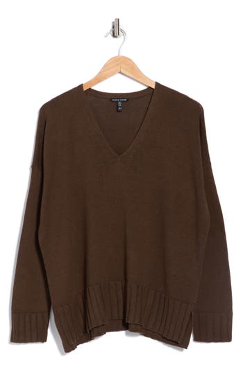 Eileen Fisher V-neck Organic Cotton Blend Sweater In Brown