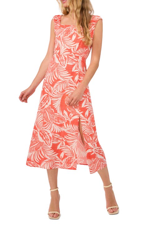 Leaf Print Ruched Strap Linen Blend Midi Dress