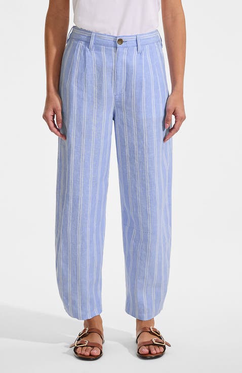 Linen High Rise Pleated Barrel Leg Pants