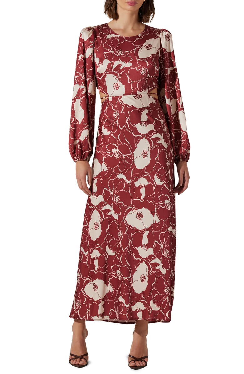 ASTR the Label Quinn Floral Cutout Long Sleeve Dress, Main, color, Wine Floral