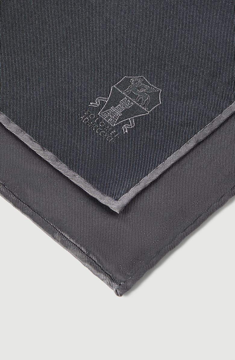 Brunello Cucinelli Silk pocket square with printed logo, Alternate, color, Anthracite