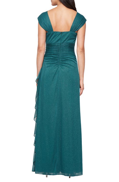 Alex Evenings Ruched Ruffle Glitter Gown In Blue
