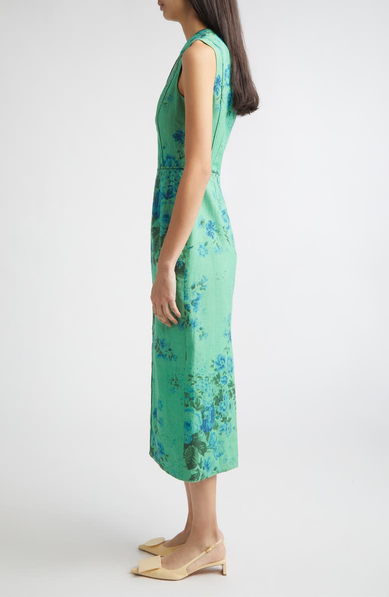 Erdem Floral Print Sleeveless Linen Midi Pencil Dress, Alternate, color, Rose Bouquet Sea Green