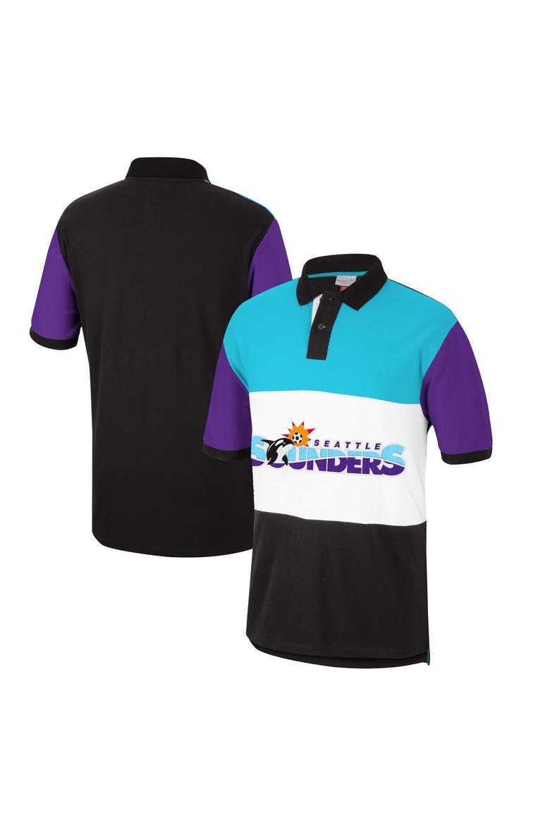 Men's Mitchell & Ness Black/Blue Seattle Sounders FC Since '96 Color Blocked Polo, Main, color, Black