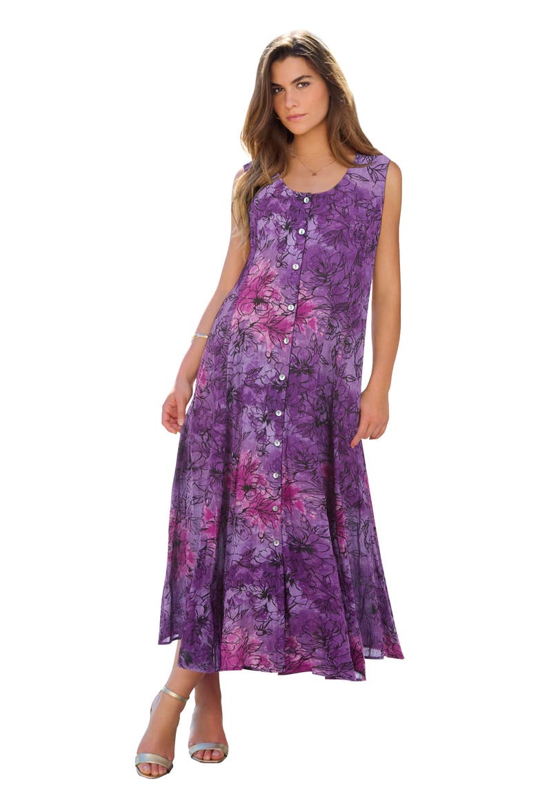 Plus Size Sleveless Hand Crinkled Button Front A Line Maxi Curvy Breezy Dress, Main, color, LAVENDER TIE DYE FLORAL