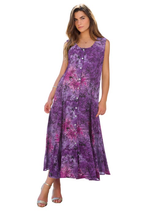 Plus Size Sleveless Hand Crinkled Button Front A Line Maxi Curvy Breezy Dress