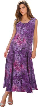 Roaman's Plus Size Sleveless Hand Crinkled Button Front A Line Maxi Curvy Breezy Dress